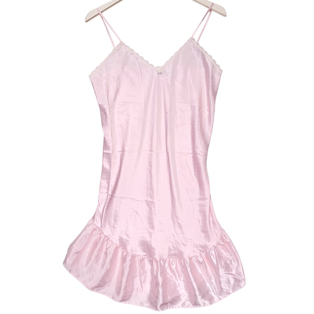 Honors Intimates Vintage Pink Satin Polka Dot Lace Ruffle Nightgown Medium